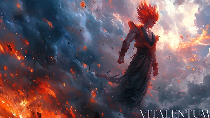 Digital painting of fiery warrior amid apocalyptic stormscape.