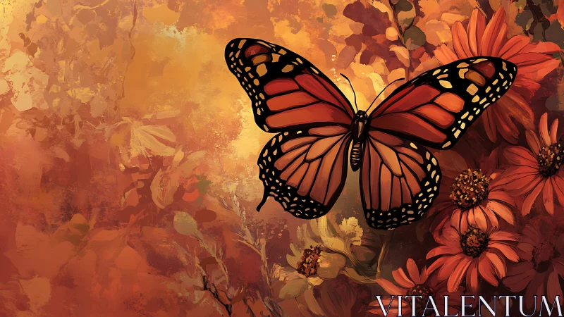 Monarch butterfly rendered in warm-toned digital painting over floral field