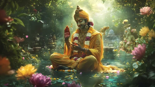 Luminous deity in meditative lotus pose amid radiant flora.