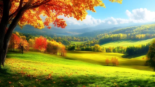 Sunlit autumn valley renders vibrant chromatic depth and clarity