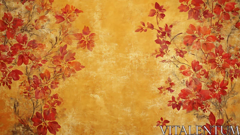 Red floral branches overlay a textured yellow background