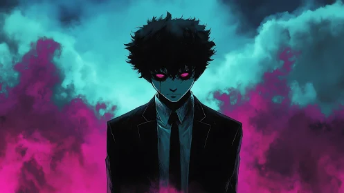 Silhouetted figure with glowing eyes in cyan and magenta clouds.