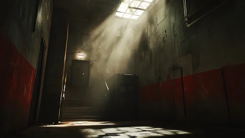 Sunlit industrial stairwell with dramatic dust-filled beams.