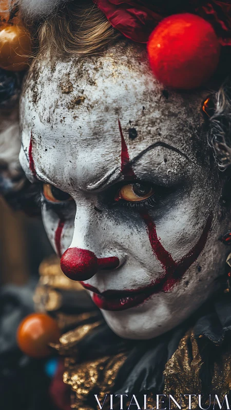 Sinister close-up portrait of sinister carnival clown.