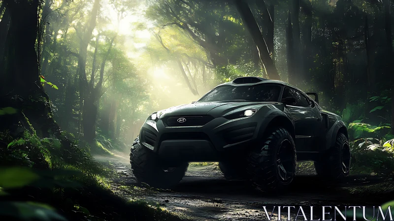 Photorealistic off-road concept SUV in cinematic jungle light.
