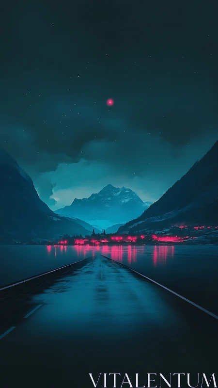 Neon mountain village glows beside flooded midnight highway.