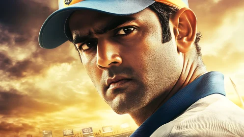Intense cricketer portrait against dramatic golden sky.