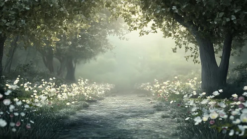 Misty Tree-Lined Path with White Flowers.
