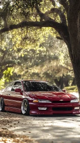 Sunlit red Chevy coupe rests low beneath calm leafy trees