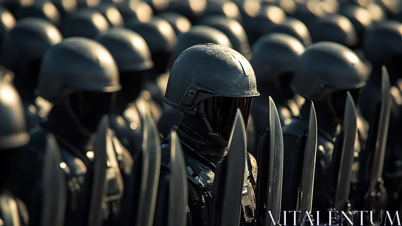 Armored personnel formation with central helmeted figure.