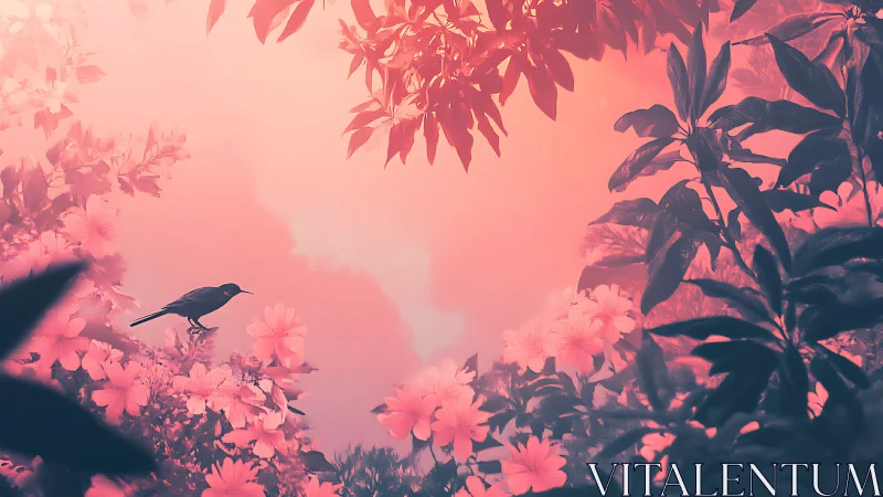 Dreamlit bird amid neon blossoms in misty gardenscape.