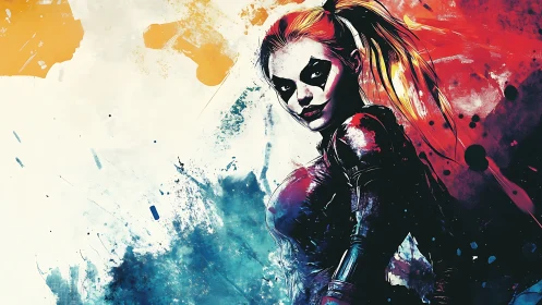 Bold female jester figure in vivid abstract color splash.