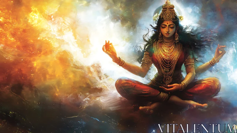 Divine female figure in cosmic meditation pose artwork.