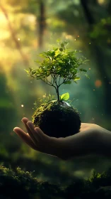 Tiny glowing sapling rests in a gentle, hopeful hand