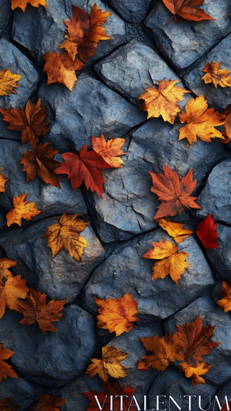 Autumn maple leaves rest on textured blue-gray stone path