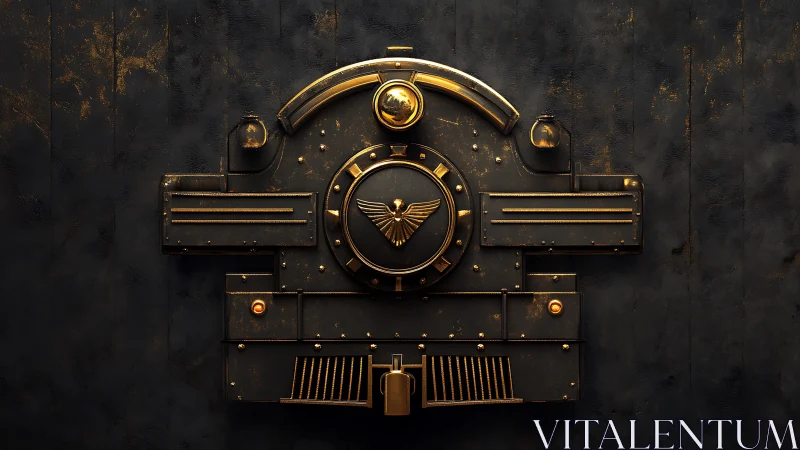 Steampunk locomotive emblem rendered as metallic bas-relief