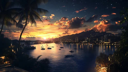 Tropical harbor sunset skyline with cinematic water reflections.