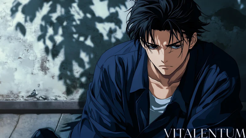 Brooding anime man in deep shadow beside weathered wall.