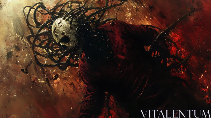 Whispers in the ember storm with a haunted masked figure.