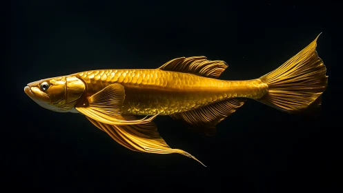 Golden arowana glides like liquid metal through midnight water