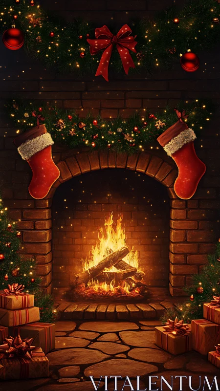 Cozy holiday hearth with stockings, warm fire, and gifts.