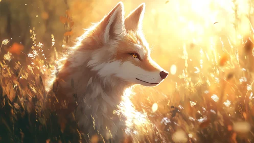 Golden meadow fox pauses peacefully in warm evening light