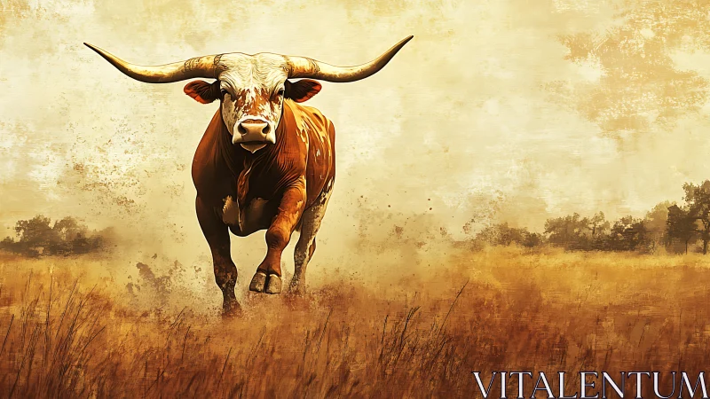 Digital painting of charging longhorn in textured prairie field.
