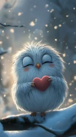 Fluffy white owl holding pink heart in snowy forest scene.