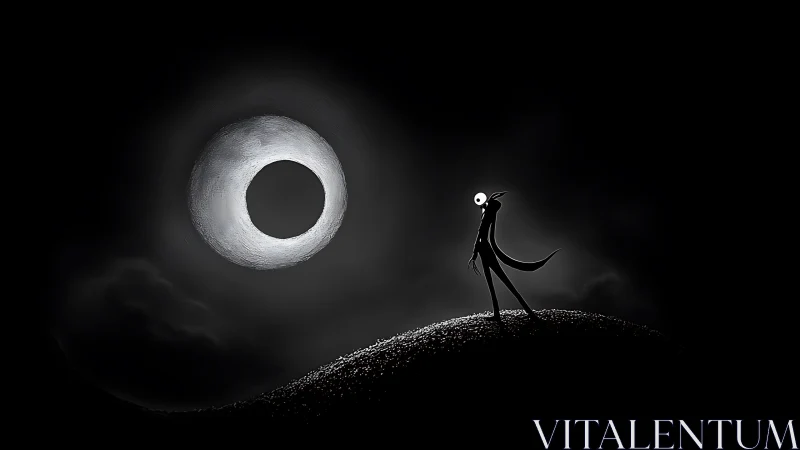 Stark monochrome figure observing a luminous eclipsed moon