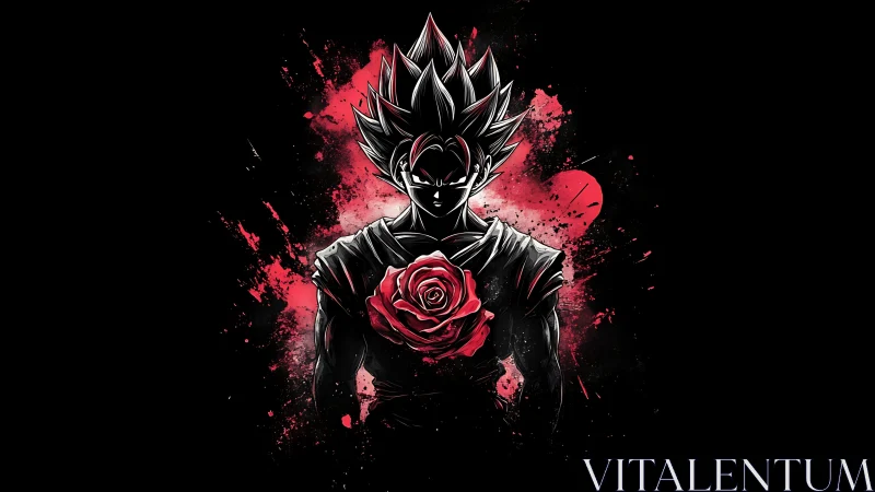 Silhouetted spiky haired warrior with crimson rose splash art