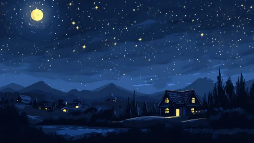 Moonlit country cottage under dense star-filled sky panorama.