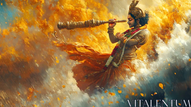 Celestial musician swirling through clouds of golden light.