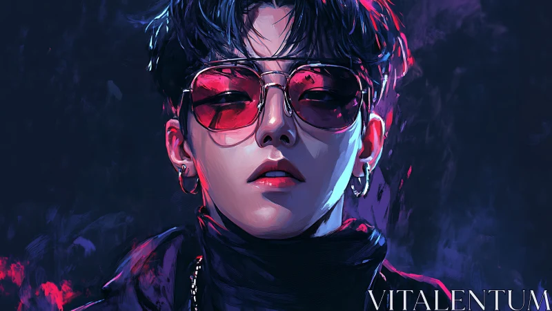 Neon lounge rebel in crimson shades and midnight shadows.