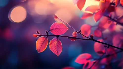 Sunlit pink leaves on branch against blurred bokeh background.
