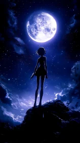 Silhouetted girl stands on rocky peak under large full moon