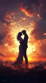 Couple Silhouetted Against Fiery Sunset Sky.