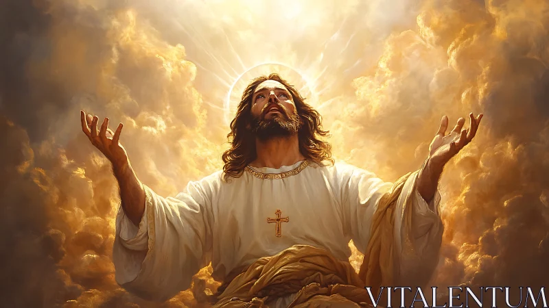Radiant Christ figure ascending amid golden celestial clouds.