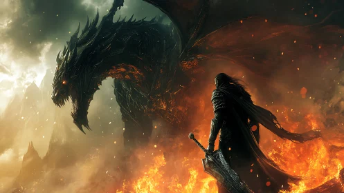 Armored warrior confronts colossal fire dragon in flames.