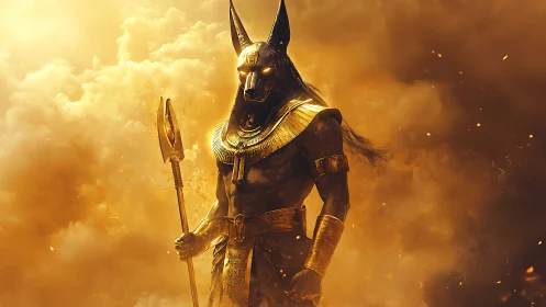 Egyptian jackal-headed war deity in radiant golden storm.