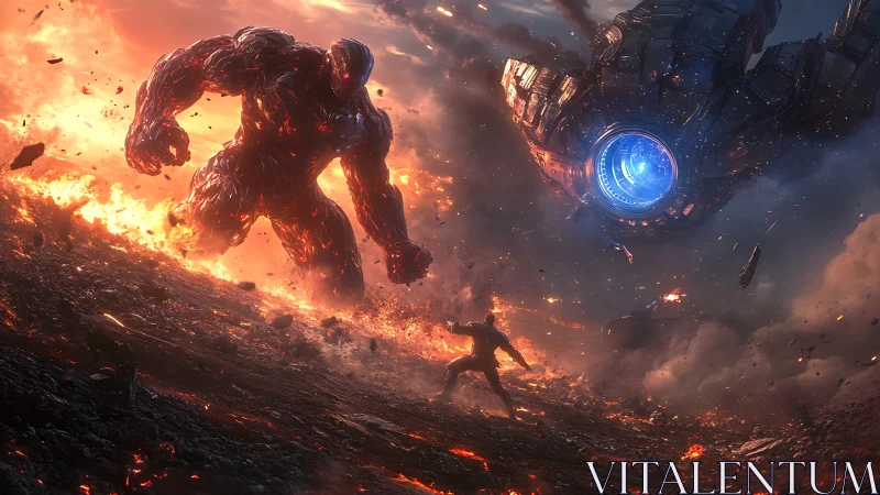 Colossal lava titan confronting lone warrior in inferno.