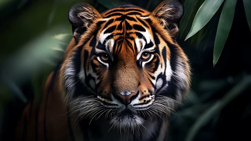 Tiger portrait framed by jungle leaves in sharp focus.