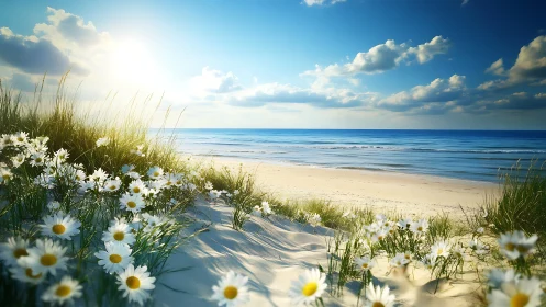Backlit coastal daisies frame a sunlit tranquil shoreline