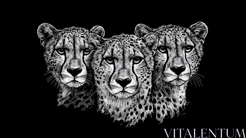 Three Cheetahs: Ink Study in Grayscale Portraiture.