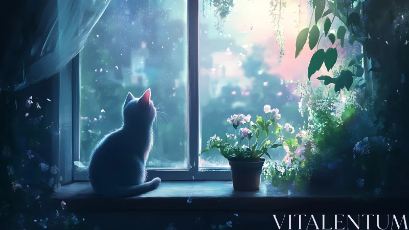 White Cat Gazing Through Window at Luminous Cityscape