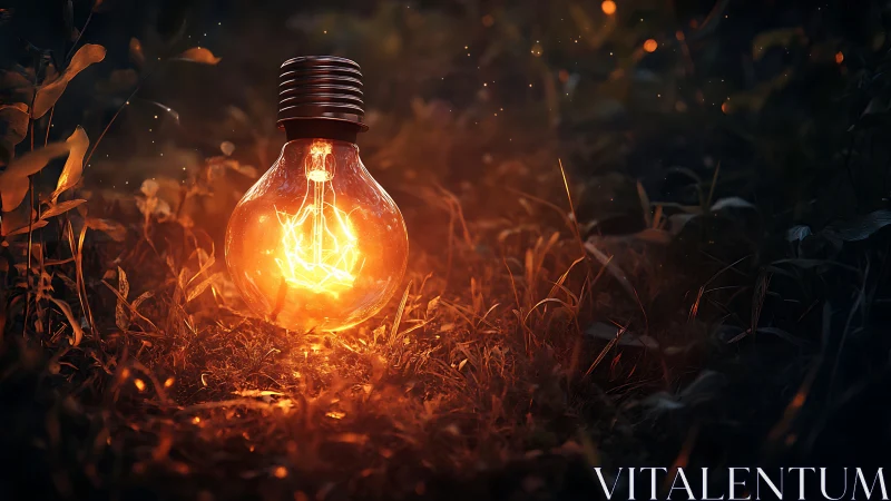 Incandescent bulb glowing in dewy forest floor at dusk.