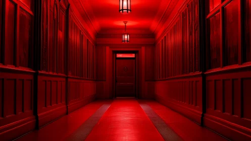 Monochromatic red corridor with central vanishing point symmetry