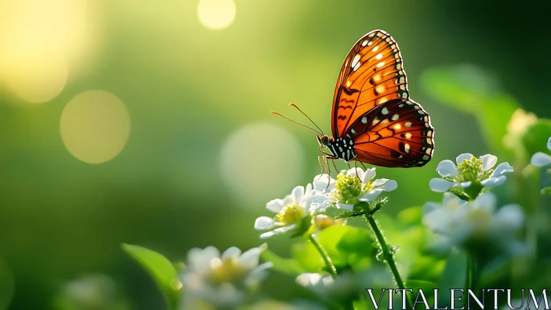 Orange butterfly rests on white wildflowers at sunrise.