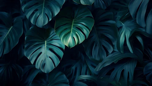 Midnight monstera chorus in emerald hush and velvet dark.