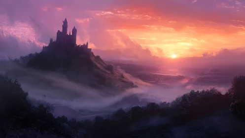 Sunlit mist encircles silhouetted hilltop castle at vivid dusk