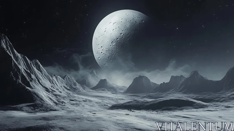 Frozen alien moon landscape under massive cratered planet.